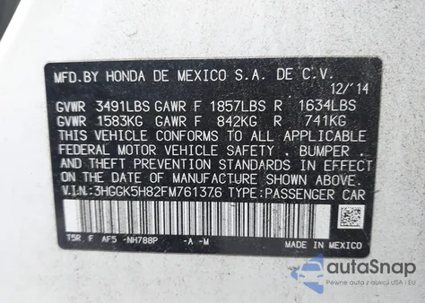 2015 Honda Fit Ex/Ex-L from USA, damaged, VIN 3HGGK5H82FM761376